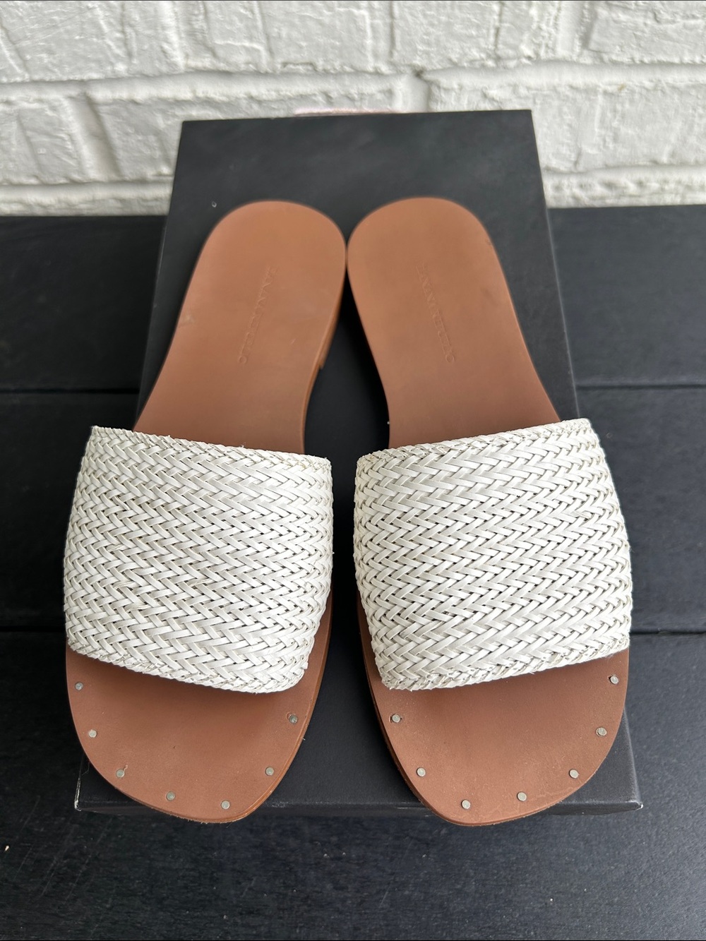 Banana republic Woven Slide Sandals in Ivory with Brown Footbed